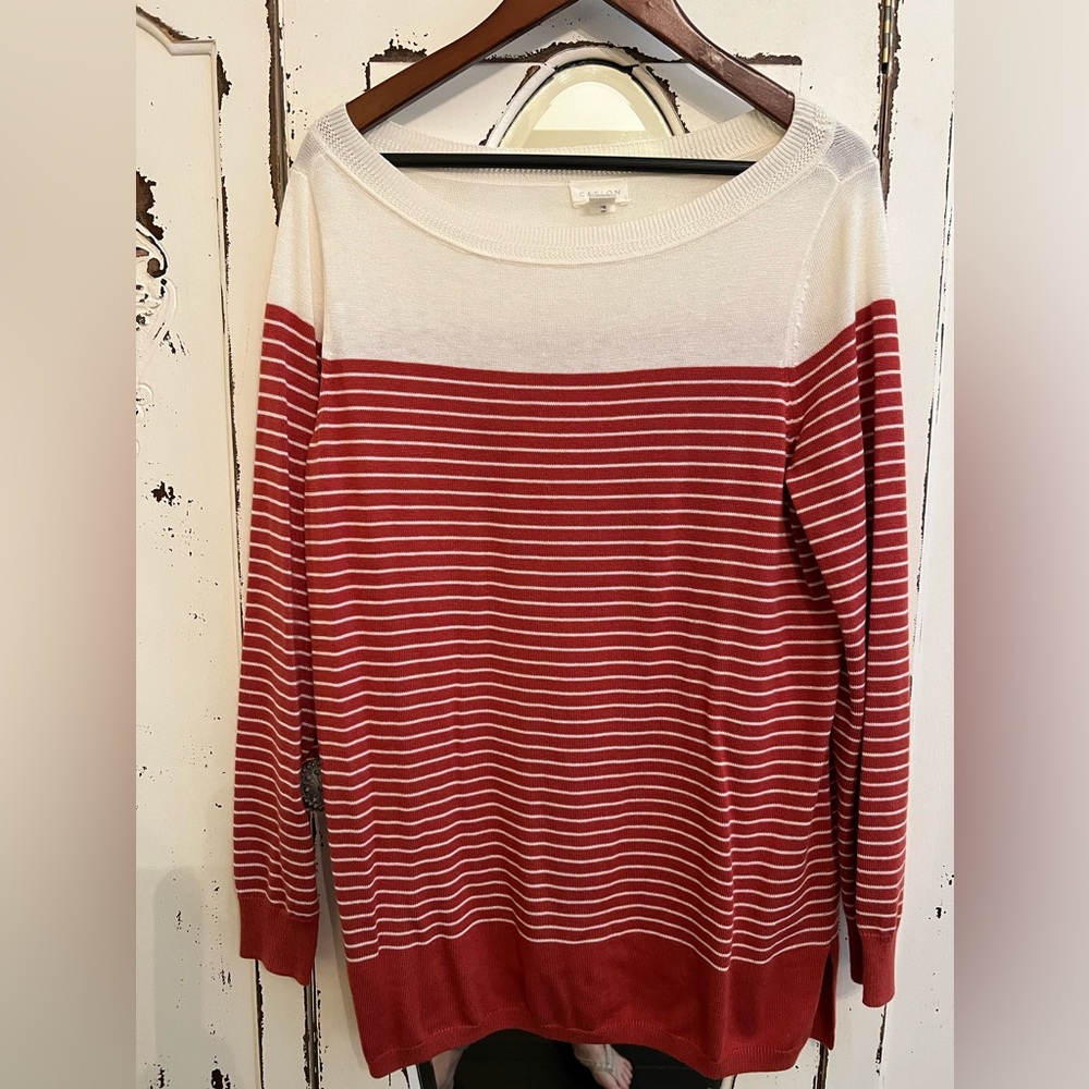 Caslon boatneck long sweater in cream and rust red | M